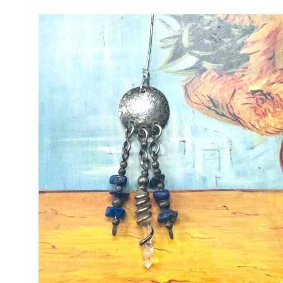 VNTG Marble Artisan Flail Pendant Sterling Silver Clear Quartz & Lapis Lazuli - Picture 7 of 12